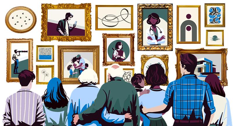 people viewing artworks on a wall